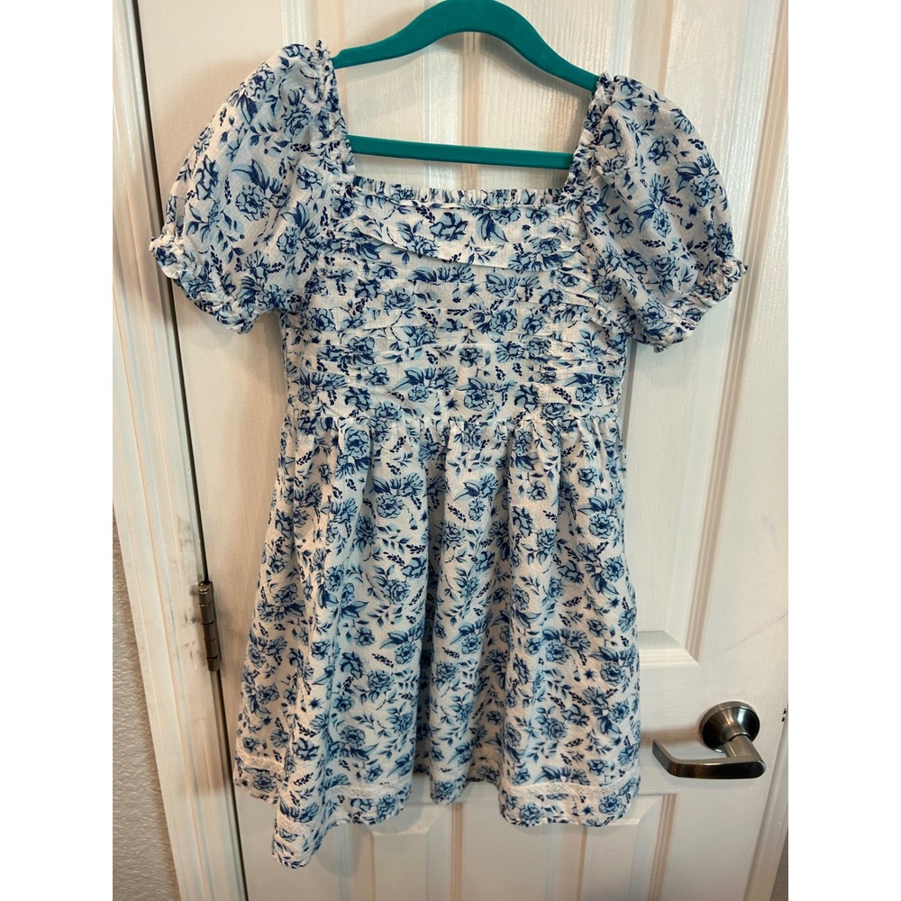 Joie Dress Blue White Floral Puff Sleeve Smocked Back Lace Trim Kids Size‎ 8